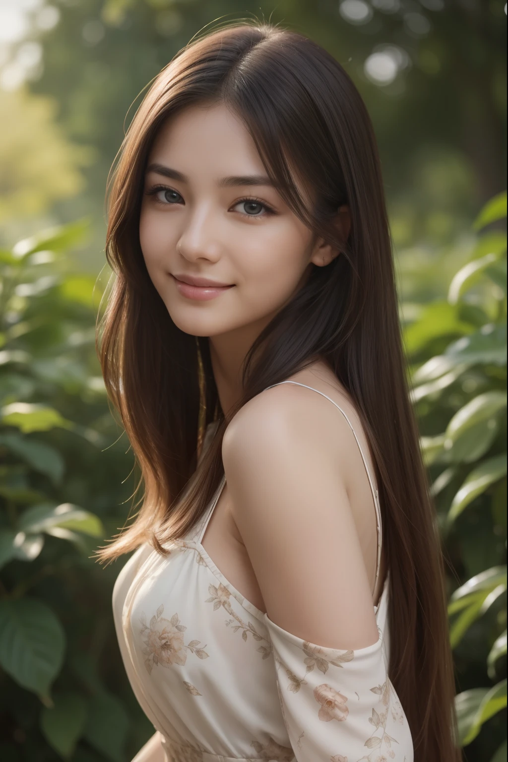 (8K High Resolution), (highest quality), (RAW Image Quality), (Realistic), (Realistic:1.37), Japanese white-eye, Long eyelashes, Exquisite, Live-action Realistic style, The ultimate face, Realistic, light and shadow, Distinct facial features, Milky skin,Fair skin, Skin with attention to detail, Realistic skin details, Pores are visible,(Very detailed),Hair length is random, Flowing hair, Best Portrait, Only one girl, cute,Beautiful and beautiful eyes, Beautiful and detailed nose, Very detailedな肌) , (Beautiful face with double eyelids), (realism: 1.4), Great details, Ultra-high resolution, Delicate and beautiful face, Age 25, (Beautiful Face 1.4), thin, (Wearing a floral dress:1.2), ((In a park rich in nature)), Natural smile, (looks happy), Long Hair, (whole body:1.5),