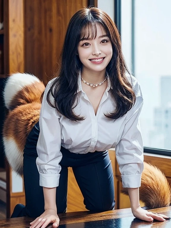 ((highest quality, 32k)), ((masterpiece)), (Familiar), Perfect Face, vixen, Pretty girl, Company Office, Has a tail, She has a northern fox tail., She stands up her fluffy tail, Dog collar, Beautiful hip line, Big Breasts, She wears a business suit, A big tail sticks out, smile, Climb on all fours, Nice body