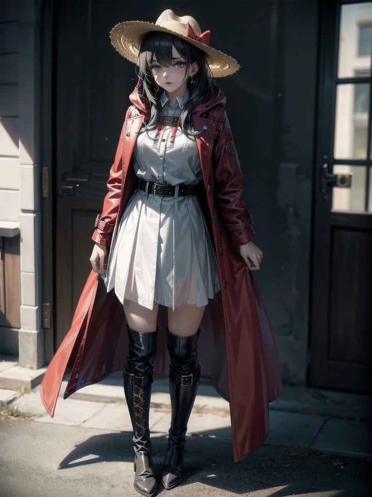 cool cowgirl, cowboy hat, blouse, decorated hooded armor jacket, cross belt, mini skirt, Red leather long boots, absurdres, RAW photo, extremely delicate and beautiful, masterpiece, Best Quality, ultra high resolution, 32k, hyperrealistic, ultra-detailed, detailed description, pale skin, 20 years old, tearful mole, earring, short medium hair, wavy hair, whole body shot,