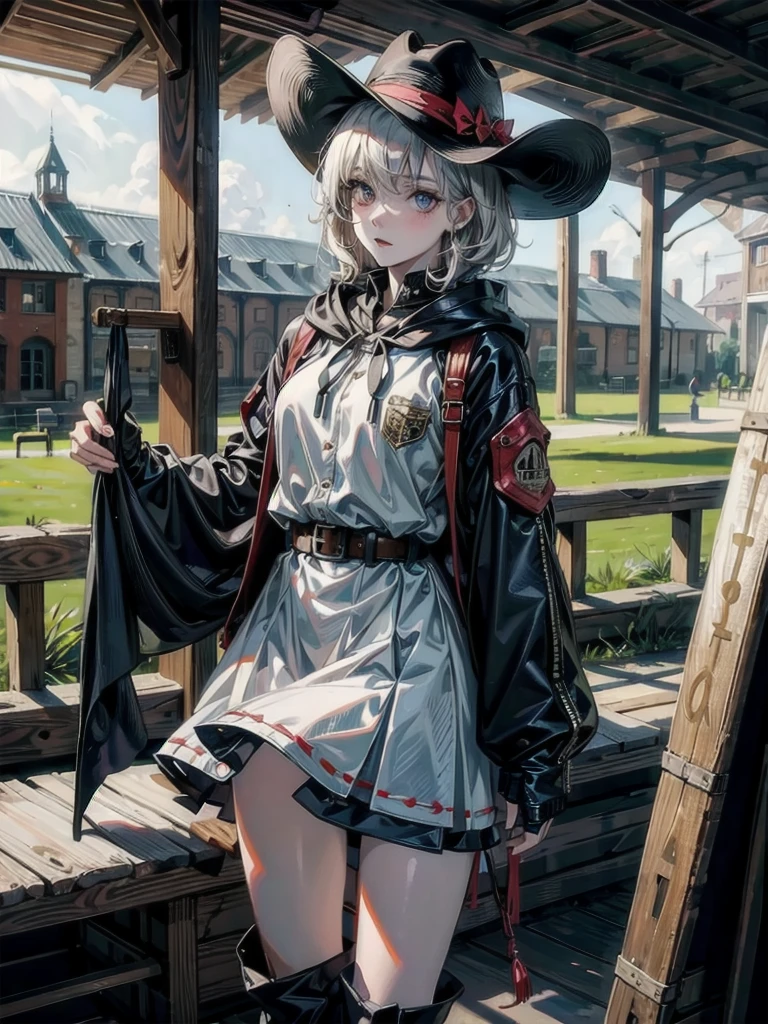 cool cowgirl, cowboy hat, blouse, decorated hooded armor jacket, cross belt, mini skirt, Red leather long boots, absurdres, RAW photo, extremely delicate and beautiful, masterpiece, Best Quality, ultra high resolution, 32k, hyperrealistic, ultra-detailed, detailed description, pale skin, 20 years old, tearful mole, earring, short medium hair, wavy hair, whole body shot,