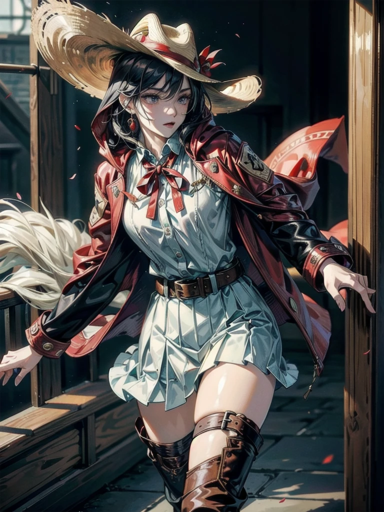 cool cowgirl, cowboy hat, blouse, decorated hooded armor jacket, cross belt, mini skirt, Red leather long boots, absurdres, RAW photo, extremely delicate and beautiful, masterpiece, Best Quality, ultra high resolution, 32k, hyperrealistic, ultra-detailed, detailed description, pale skin, 20 years old, tearful mole, earring, short medium hair, wavy hair, whole body shot,