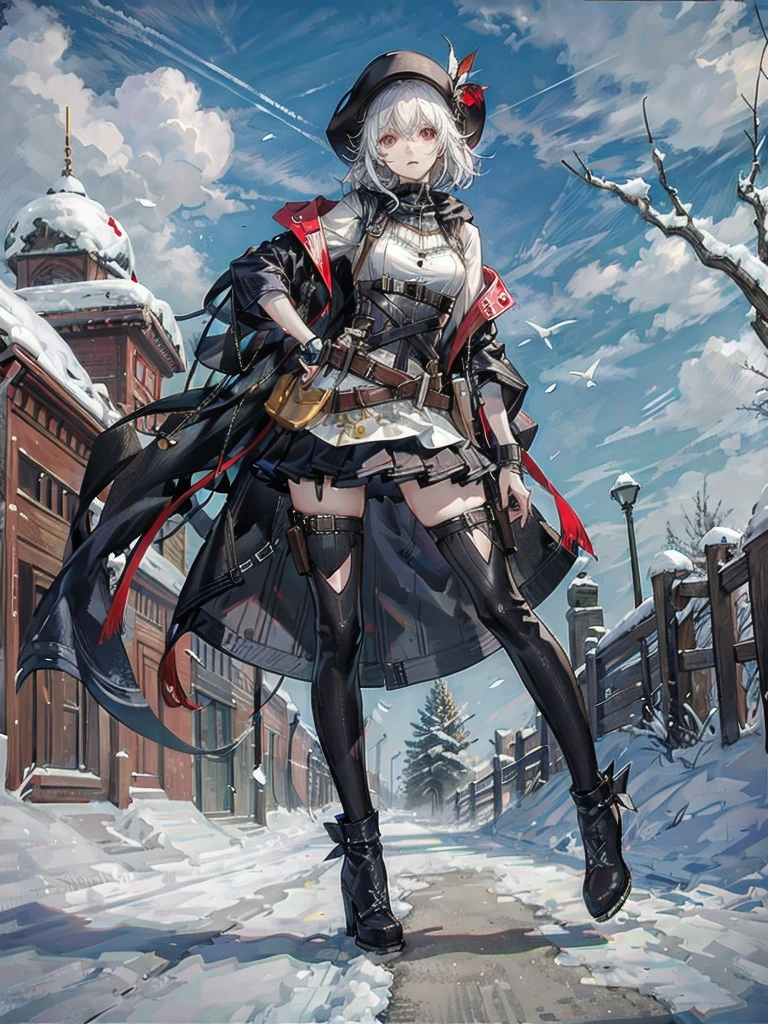 cool cowgirl, cowboy hat, blouse, decorated hooded armor jacket, cross belt, mini skirt, Red leather long boots, absurdres, RAW photo, extremely delicate and beautiful, masterpiece, Best Quality, ultra high resolution, 32k, hyperrealistic, ultra-detailed, detailed description, pale skin, 20 years old, tearful mole, earring, short medium hair, wavy hair, whole body shot,