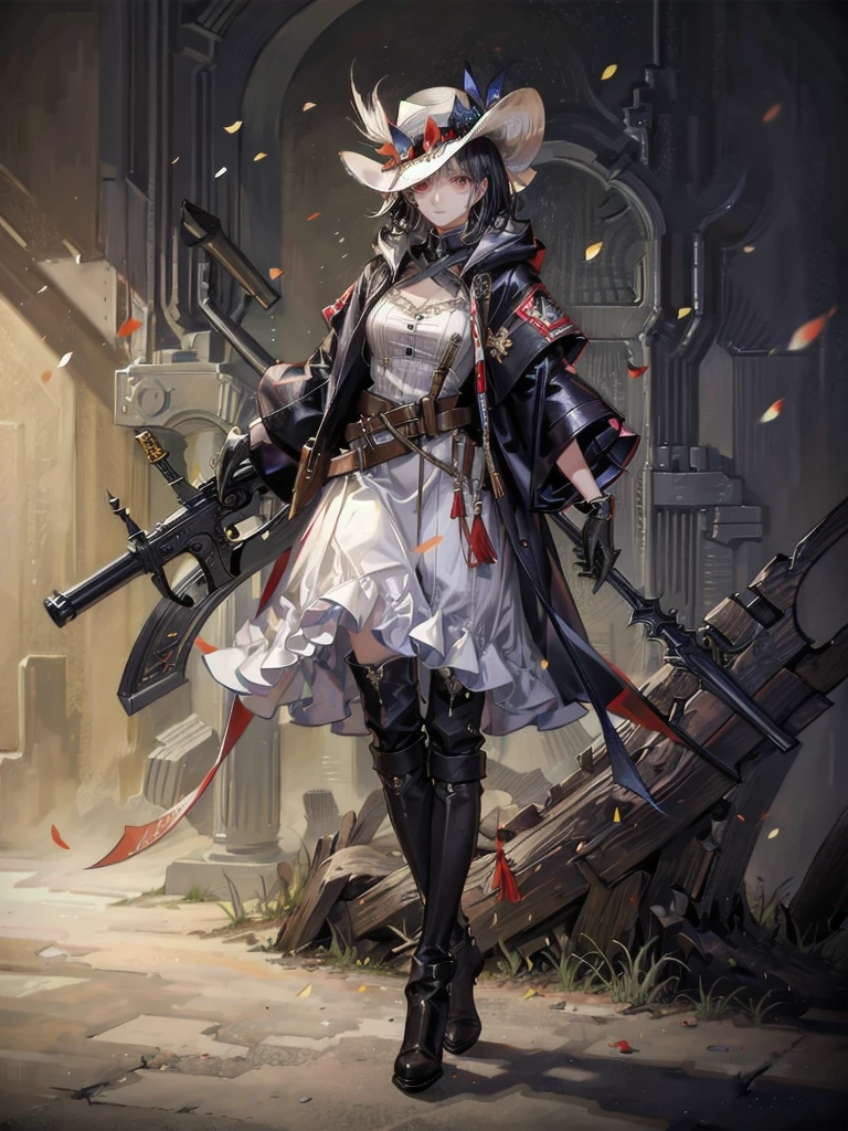 cool cowgirl, cowboy hat, blouse, decorated hooded armor jacket, cross belt, mini skirt, Red leather long boots, absurdres, RAW photo, extremely delicate and beautiful, masterpiece, Best Quality, ultra high resolution, 32k, hyperrealistic, ultra-detailed, detailed description, pale skin, 20 years old, tearful mole, earring, short medium hair, wavy hair, whole body shot,