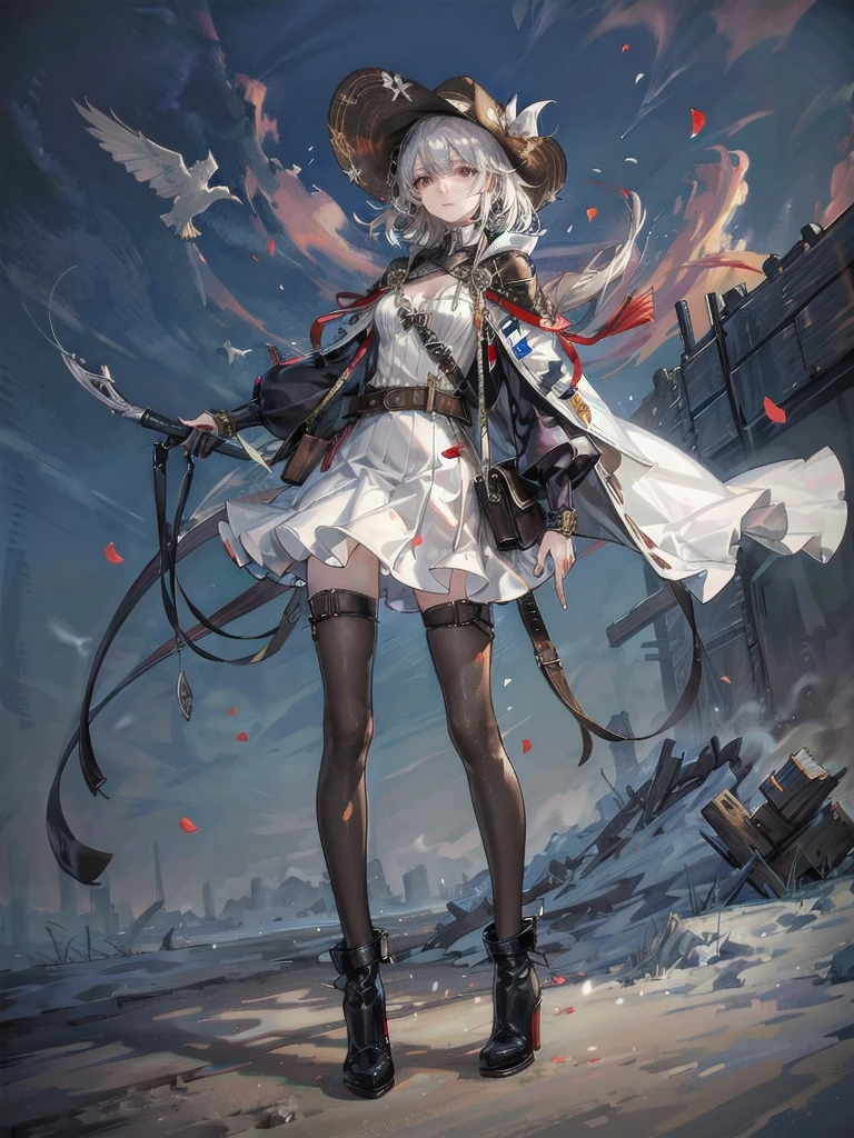 cool cowgirl, cowboy hat, blouse, decorated hooded armor jacket, cross belt, mini skirt, Red leather long boots, absurdres, RAW photo, extremely delicate and beautiful, masterpiece, Best Quality, ultra high resolution, 32k, hyperrealistic, ultra-detailed, detailed description, pale skin, 20 years old, tearful mole, earring, short medium hair, wavy hair, whole body shot,