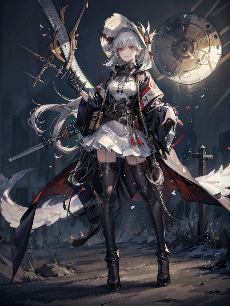 cool cowgirl, cowboy hat, blouse, decorated hooded armor jacket, cross belt, mini skirt, Red leather long boots, absurdres, RAW photo, extremely delicate and beautiful, masterpiece, Best Quality, ultra high resolution, 32k, hyperrealistic, ultra-detailed, detailed description, pale skin, 20 years old, tearful mole, earring, short medium hair, wavy hair, whole body shot,