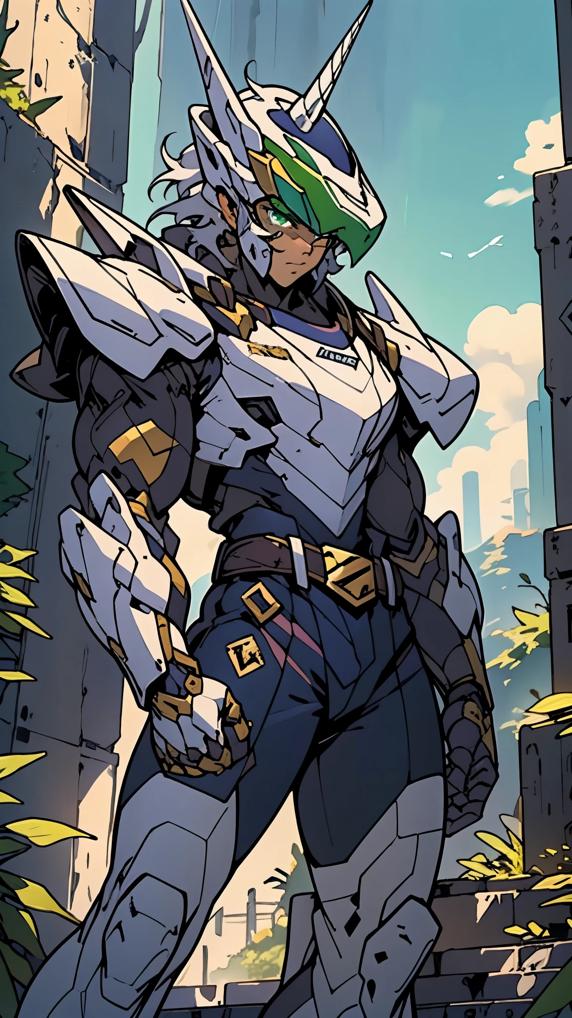 A man wearing a full-face helmet, a fantasy-style biotech armored combat suit, green eyes, (a composite layered chest armor), fully enclosed shoulder guards, matching arm and leg guards, the belt is adorned with Horseshoe-shaped marker, (the color scheme is primarily white with green accents), the design balances heavy with agility, a high-tech bio-mecha armor, (Armor Concept Inspired by Unicorn, stand on the top of a skyscraper in a futuristic sci-fi city), this character embodies a finely crafted fantasy-surreal style armored hero in anime style, exquisite and mature manga art style, (battle damage, element, plasma, energy, the armor glows), ((male:1.5)), metallic, real texture material, dramatic, high definition, best quality, highres, ultra-detailed, ultra-fine painting, extremely delicate, professional, perfect body proportions, golden ratio, anatomically correct, symmetrical face, extremely detailed eyes and face, high quality eyes, creativity, RAW photo, UHD, 32k, Natural light, cinematic lighting, masterpiece-anatomy-perfect, masterpiece:1.5