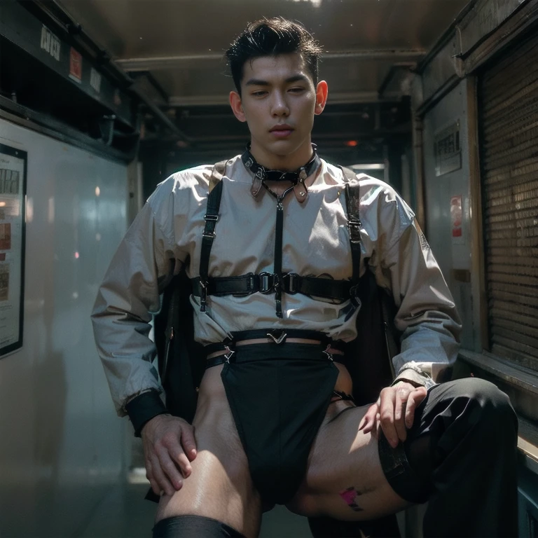 Best quality,masterpiece,ultra high res,photorealistic:1.4,1boy,light and shadow,1boy,magazine cover,the perfect body,under_cut,Pompadour,in the subway,aboard,((handsome, sharp, wild facial features)),flaccid,(robust muscular body),(robust physique),peoples in the background,POV,sex,nude,male focus,lying,only penis,open your legs,sex from behind,standing sex,vaginal,spread legs,riding a dildo,show one's teeth,bare legs,white thighhighs,Badge,nametag,black-framed eyewear,watch,Close your eyes.,cum in mouth,cum,coat,thigh strap,headphones around neck,choker,(gayharness:1.7),