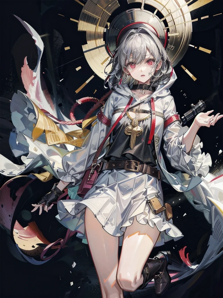 cool cowgirl, cowboy hat, blouse, decorated hooded armor jacket, cross belt, mini skirt, Red leather long boots, absurdres, RAW photo, extremely delicate and beautiful, masterpiece, Best Quality, ultra high resolution, 32k, hyperrealistic, ultra-detailed, detailed description, pale skin, 20 years old, tearful mole, earring, short medium hair, wavy hair, whole body shot,