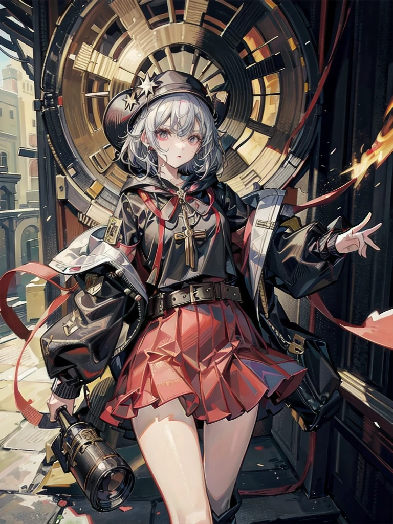 cool cowgirl, cowboy hat, blouse, decorated hooded armor jacket, cross belt, mini skirt, Red leather long boots, absurdres, RAW photo, extremely delicate and beautiful, masterpiece, Best Quality, ultra high resolution, 32k, hyperrealistic, ultra-detailed, detailed description, pale skin, 20 years old, tearful mole, earring, short medium hair, wavy hair, whole body shot,