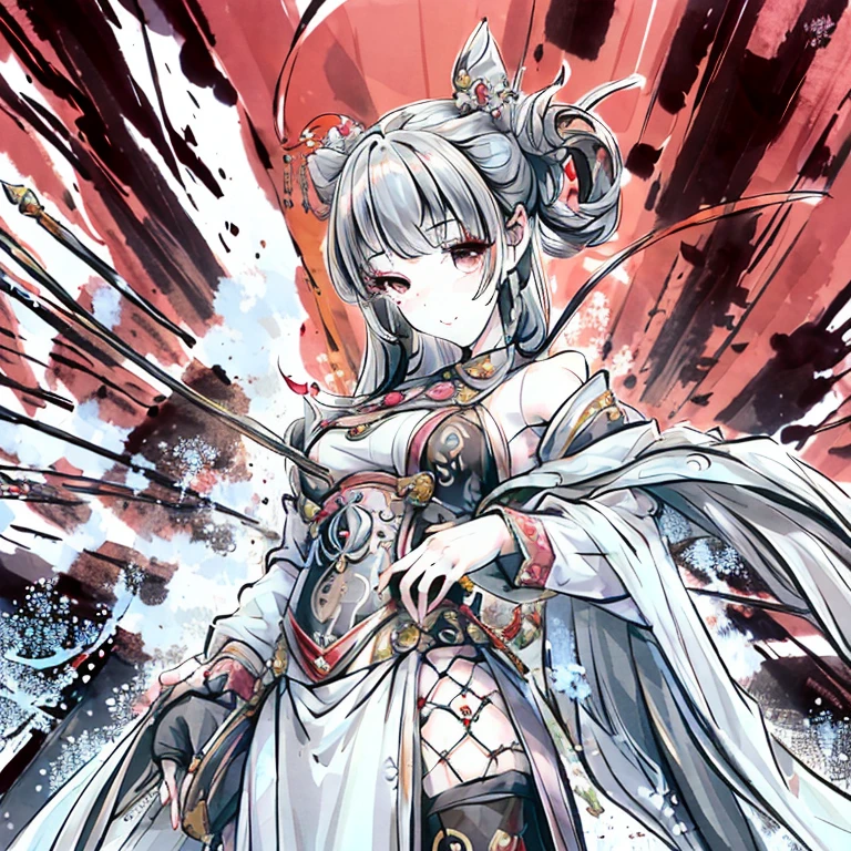 (best quality), Wulin Beauty,Nice and handsome face,Beautiful girl in period costume,Armed with a spear,The movements are elegant,Chinese ink painting style,Mid-chest,courtesy,4k,Ancient hair style,dimple