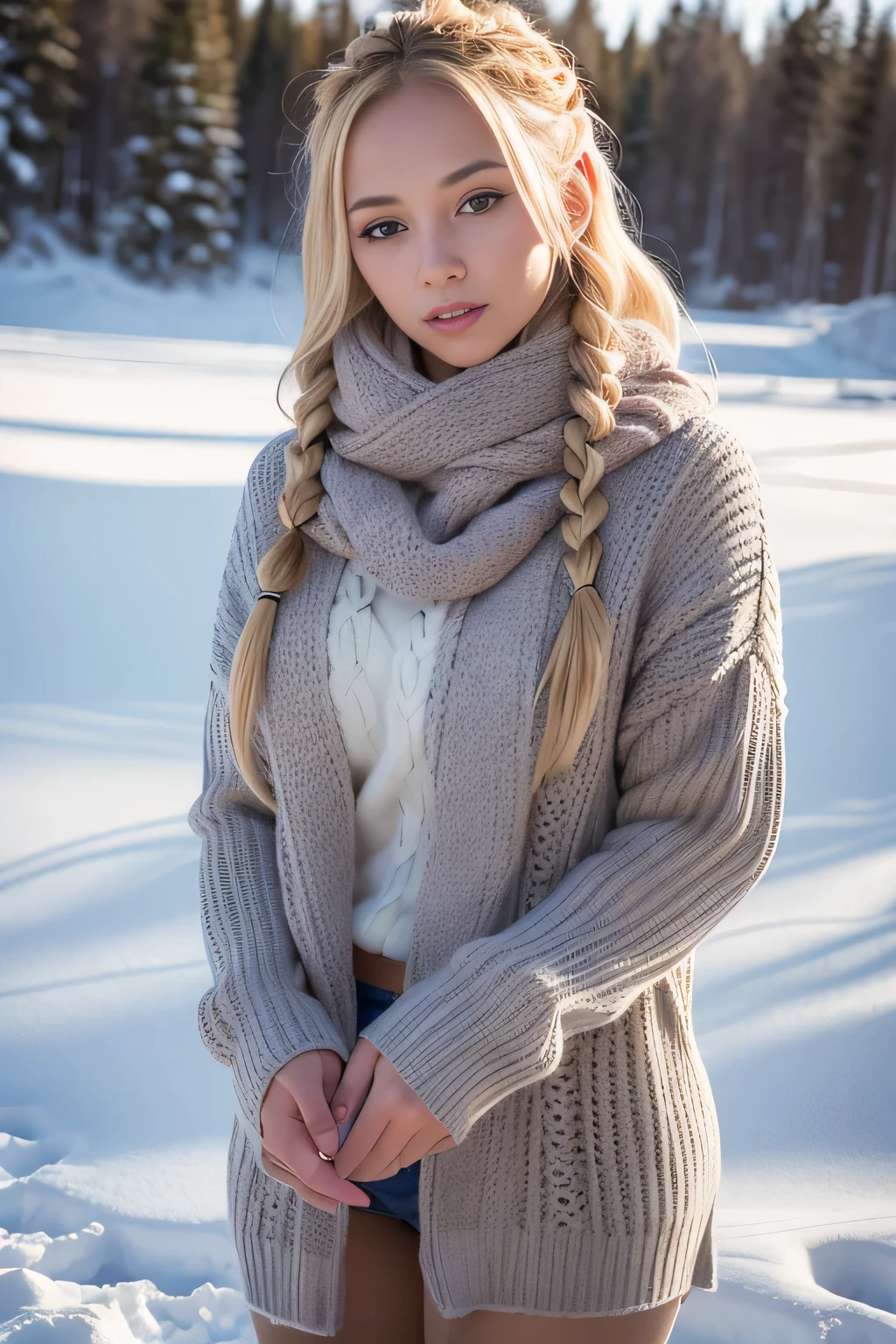Winters,Snowy landscape,an ultra hot gorgeous woman, blonde braided hair, lacepantyhose,random color,Long sweater,scarf,depth of fields,Real Light,Ray traching,OC Renderer,UE5 Renderer,Hyper-realistic,best qualtiy,8K,Works of masters,super-fine,Detailed pubic hair,Correct anatomy