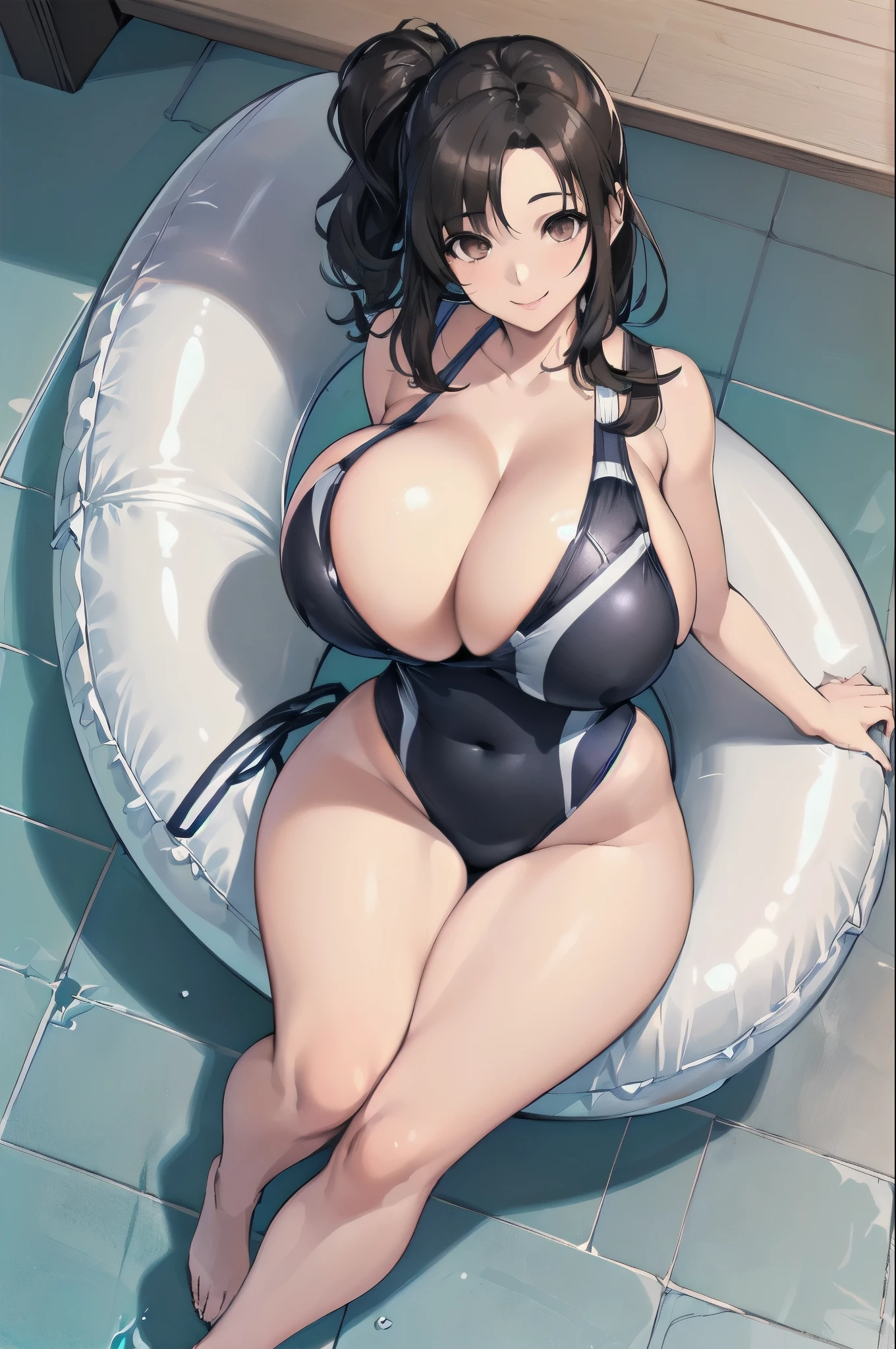 ((competition swimsuit:2.0)),(beautiful detailed eyes:1.5),(ultra-detailed face:1.5),(living room:1.5),(From above:2.5),(((medium hair:1.3,black hair:1.5))),(brown eyes:2.0),(from directly above:1.5), (1 girl:2.0),(under breasts:2.0),(Smile Beam:1.5),((huge breasts:2.5)),(huge saggy breasts:2.5), ((cleavage:2.0)),((competition swimsuit:2.0)),((High leg:2.0), 20 years old,masterpiece,hyper quality, very detailed,perfect picture,3D,8k,High resolution,seductive anime girl, sporty hairstyle,Smooth anime CG art,