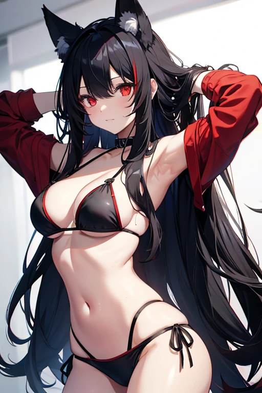 fox girl, red eyes, black hair, long hair, black bikini