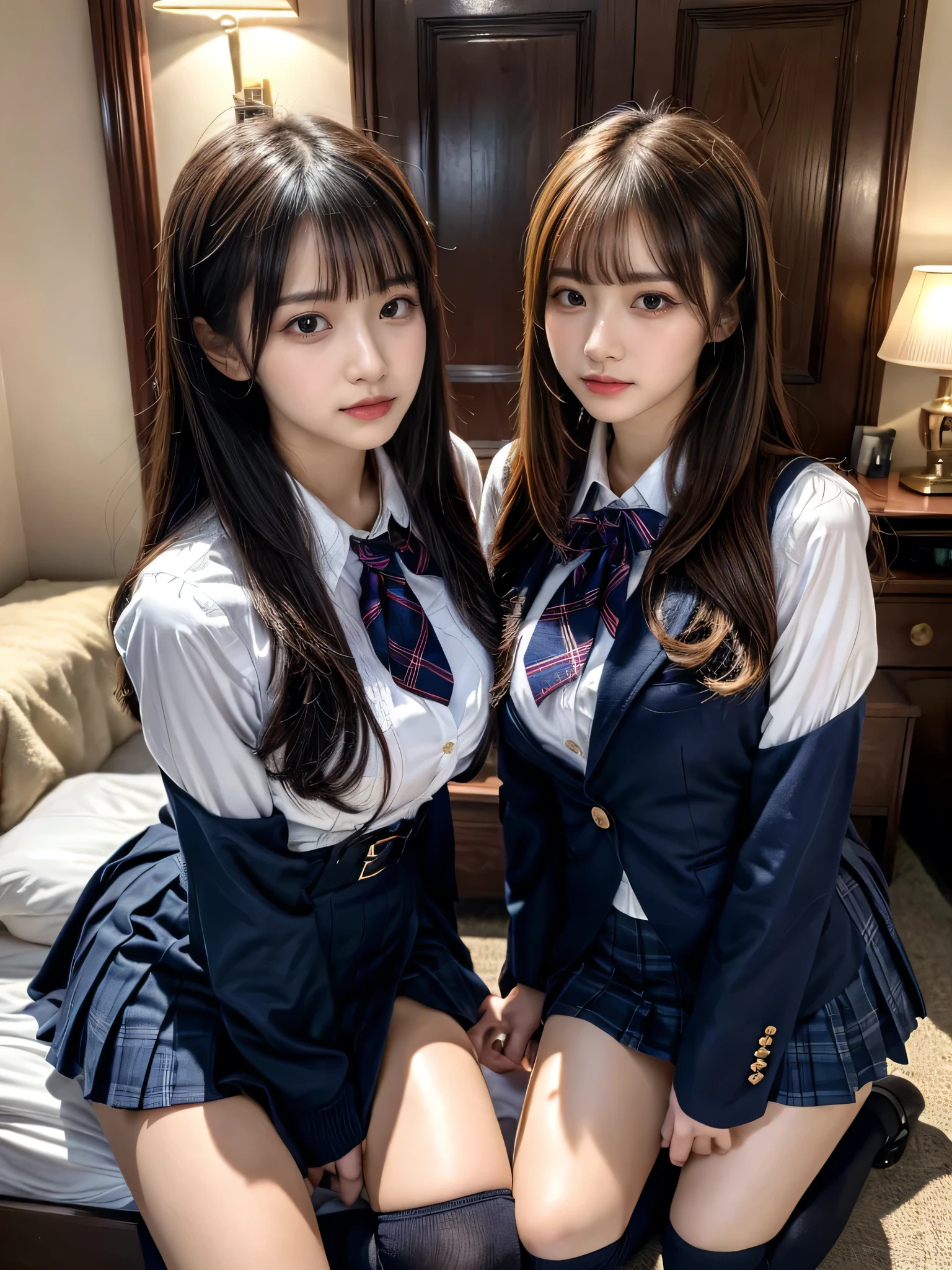 (8K, Raw photography, top-quality, masterpiece:1.2), muster piece, best quality, illustration, Super detailed, fine details, High resolution, 8K,wall paper, perfect dynamic composition,(Details High quality, realistic depiction of eyes:1.3), ((2 girls, 2 schoolgirls)), The background is a luxury hotel room、High school girl uniform、blazer 、Super Short Check Uniform Skirt、Navy blue high socks、garterbelts、Colossal tits、Disturbed uniform, Play with each other,Touching each other's bodies,Touching the body of the girl next door, short bob hair, black hair color, huge breasts, Big Natural Color Lip, bold sexy pose, (perfect body shape), crying a little、cold gaze, Harajuku style、Beautiful makeup,glitter makeup,Cutest 18 years old、 beautiful legs, hposing Gravure Idol, Voluptuous thighs