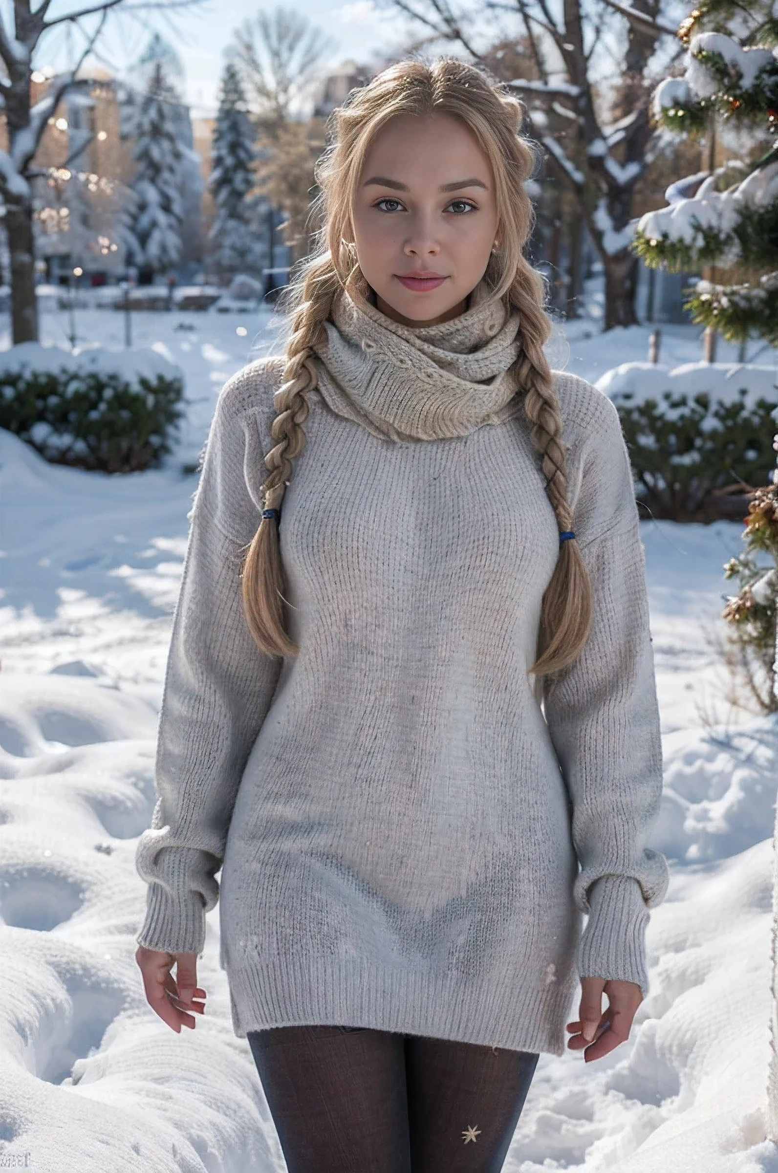Winters,Snowy landscape,an ultra hot gorgeous woman, blonde braided hair, lacepantyhose,random color,Long sweater,scarf,depth of fields,Real Light,Ray traching,OC Renderer,UE5 Renderer,Hyper-realistic,best qualtiy,8K,Works of masters,super-fine,Detailed pubic hair,Correct anatomy