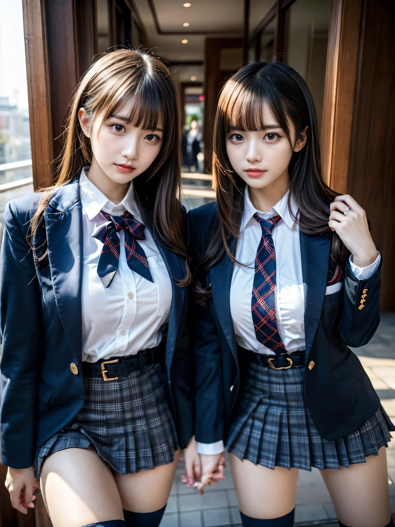 (8K, Raw photography, top-quality, masterpiece:1.2), muster piece, best quality, illustration, Super detailed, fine details, High resolution, 8K,wall paper, perfect dynamic composition,(Details High quality, realistic depiction of eyes:1.3), ((2 girls, 2 schoolgirls)), The background is a luxury hotel room、High school girl uniform、blazer 、Super Short Check Uniform Skirt、Navy blue high socks、garterbelts、Colossal tits、Disturbed uniform, Play with each other,Touching each other's bodies,Touching the body of the girl next door, short bob hair, black hair color, huge breasts, Big Natural Color Lip, bold sexy pose, (perfect body shape), crying a little、cold gaze, Harajuku style、Beautiful makeup,glitter makeup,Cutest 18 years old、 beautiful legs, hposing Gravure Idol, Voluptuous thighs