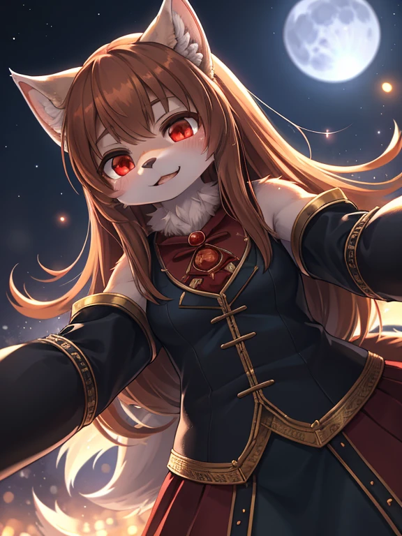 spice and wolf style , Unrealistic Perspective , dynamic angle , rule of thirds Layout , Bokeh , dynamic fashion model action , hairy wolf girl , realistic hairy fur , round face , moist round red eyes , Swollen cheeks , white skin , white fur , (midnight , blue moon)