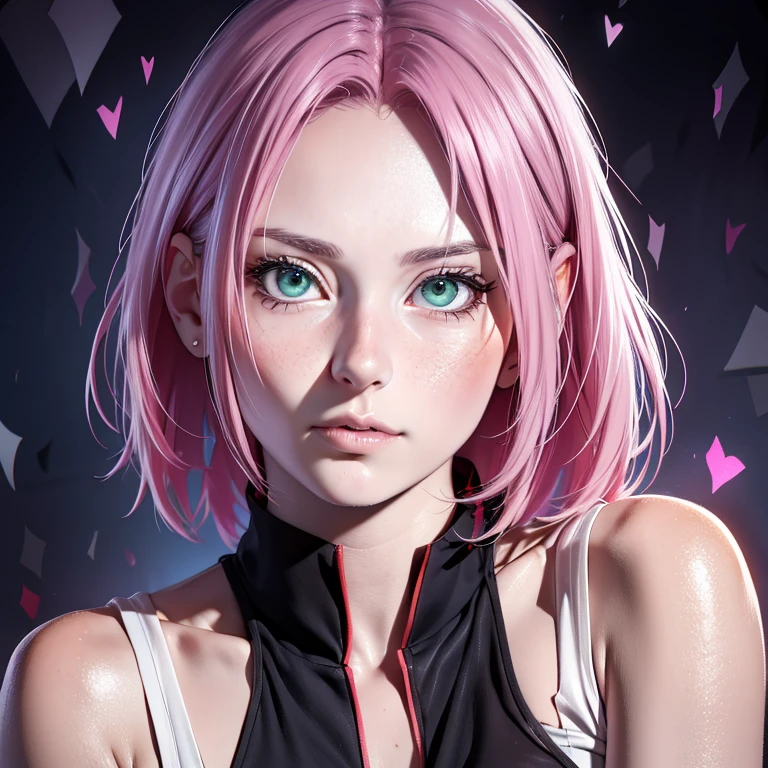 young woman, short shoulder-length pink hair, wide forehead, porcelain skin, pink eyebrows, big emerald green eyes, buttoned nose, full lips, heart-shaped face, slender body, small breasts, red tank top, Sakura Haruno , realistic, realism, details, 3d, well detailed
