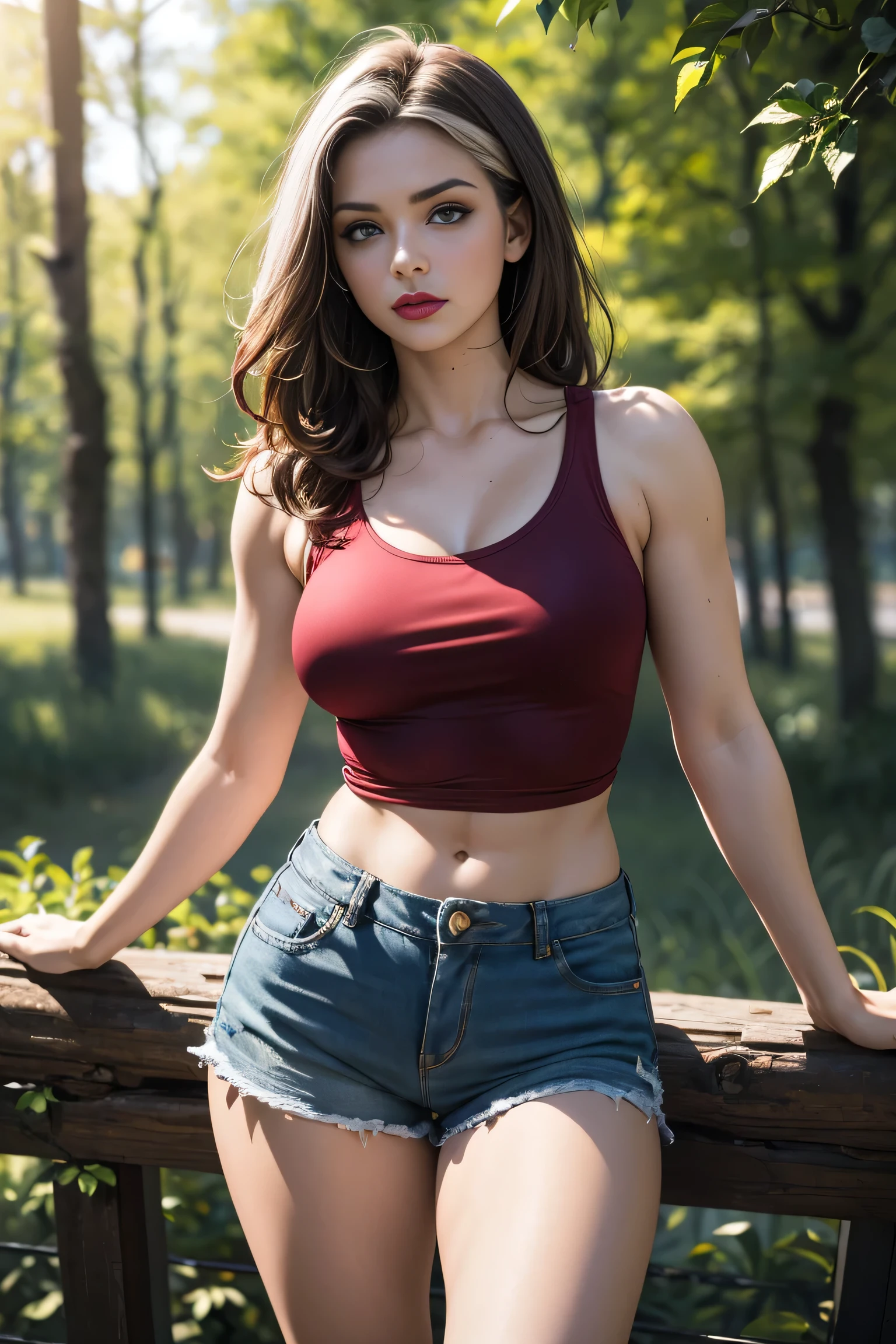 (masterpiece:1.0), (best_quality:1.2), (dark shot:1.3), Classic Rogue, 1991 Rogue X-Men, 1 girl, Only 1, cowboy shot, looking away from the viewer, tank top, denim jean shorts, medium length hair, brown hair, wavy hair, messy hair, one lock of white hair, green eyes, tough look, defiant smirk, bite lips, fit figure, medium , red lipstick, heavy makeup, light source from above, (realism: 1.5), (Realistic: 1.4), (Absurdity:1.4), 8k, ultra-detailed, Detailed Beautiful Woman, very physically fit girl, standing along a wooden fence in the woods, official art, extremely detailed CG unity 8k wallpaper, perfect lighting, Colorful, ultra high res, photography, 8K, HDR, Kodak portra 400, film grain, blurry background, (bokeh:1.2), (vibrant_color:1.2), film grain:1.2, (warm hue, warm tone:1.2), (color photo), professional photograph