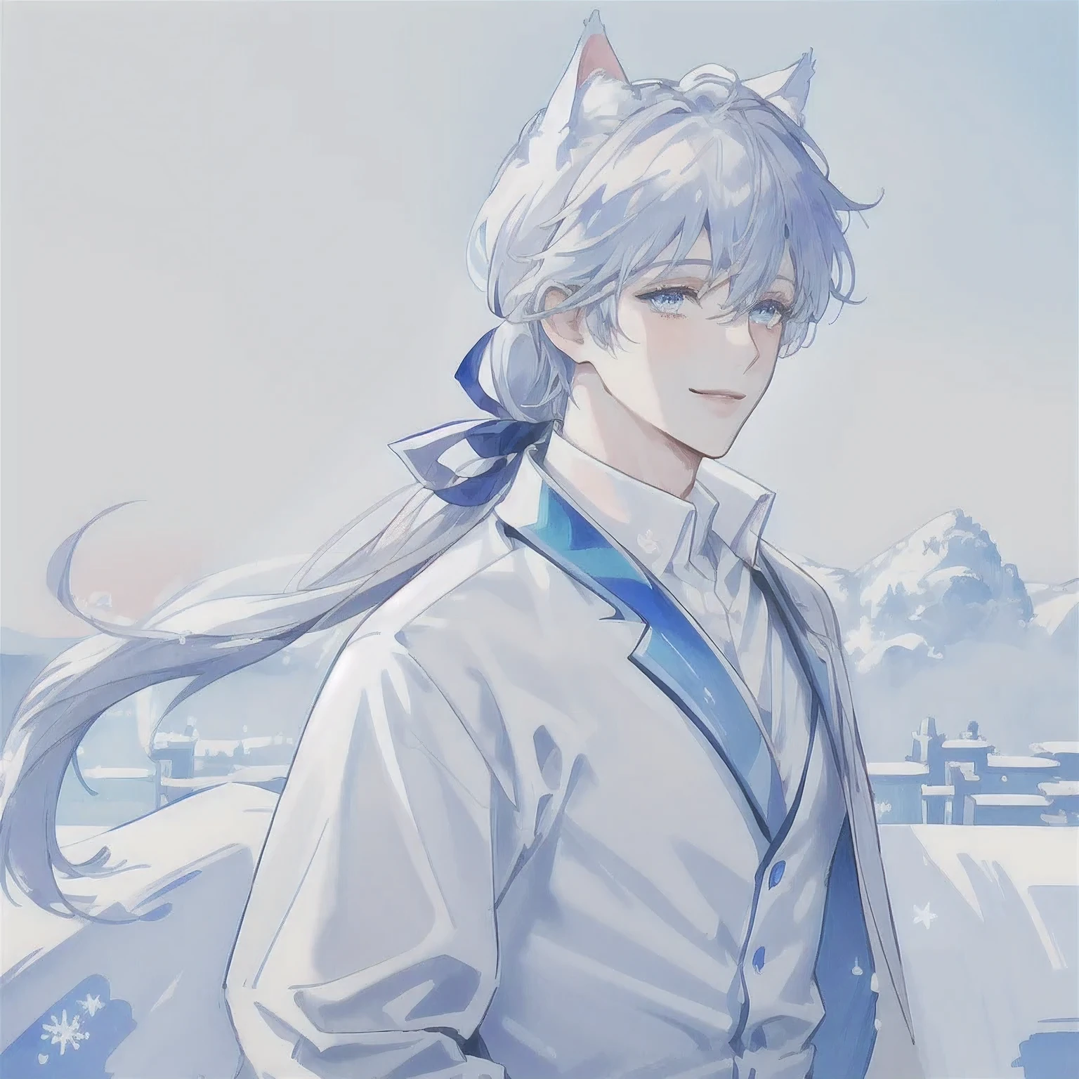 (8K, best quality, masterpiece: 1.2), (best quality: 1.0), (ultra-high resolution: 1.0),a handsome boy,smile,white long hair tied up, white cat ears, blue eyes,man's suit,watercolor, Trishuna, author: agnes cecile, half body portrait, extremely bright design, soft colors, (ink: 1.3),winter lighting,snowflake