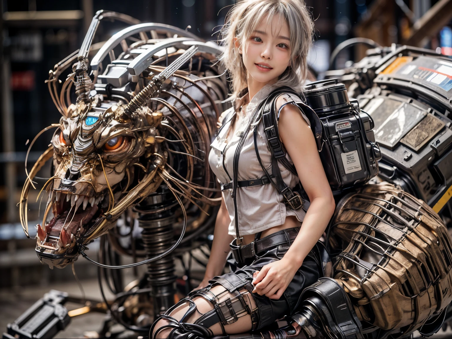 Japanese woman, heavy equipment, Mechanical backpack, very beautiful face, double teeth, fangs, reinforced exoskeleton with insect references, canine teeth, smiling face, silver hair, full body shot, photorealistic, realistic, ultra realistic, ultra detailed, ultimate intricate detail, lighting highlighting machinery, glossy, cave with a suspicious atmosphere