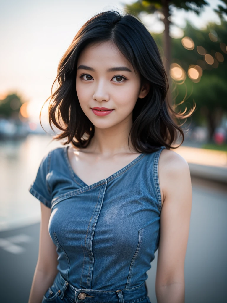 film photography, 1girl, t-shirt, denim shorts, standing, seductive smile, medium breast, full body, drunk blush:1.5, black wavy shoulder-length hair, serene, calm, (realistic detailed eyes, natural skin texture, realistic face details), soft dramatic lighting, depth of field, bokeh, vibrant details, finely detailed, hyperrealistic