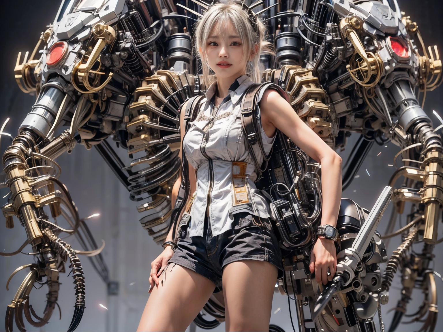 Japanese woman, heavy equipment, Mechanical backpack, very beautiful face, double teeth, fangs, reinforced exoskeleton with insect references, canine teeth, smiling face, silver hair, full body shot, photorealistic, realistic, ultra realistic, ultra detailed, ultimate intricate detail, lighting highlighting machinery, glossy, cave with a suspicious atmosphere