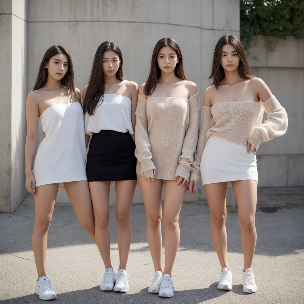 photo realistic of 3 beautiful french lined up, beautiful western mixed oriental look, side poses. college student with girlfriends. strapless, bob hair, oversized transparent see through tanktop, naked. nude. indoor stairs. standing knee apart. knee view, half body view. see through. transparent. multiple girls and friends. nsfw. dancing. dance. low angle view. cameltoe. camel toe. oversized transparent sweaters.side poses. windy, strong wind. hurricane. tornado. transparent skirts. side poses. sport shoes. see through clothes