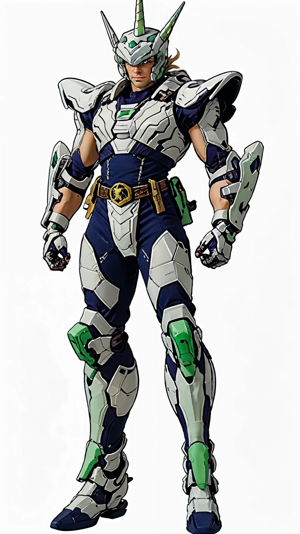 A man wearing a full-face helmet, a fantasy-style biotech armored combat suit, green eyes, (a composite layered chest armor), fully enclosed shoulder guards, matching arm and leg guards, the belt is adorned with Horseshoe-shaped marker, (the color scheme is primarily white with green accents), the design balances heavy with agility, a high-tech bio-mecha armor, (Armor Concept Inspired by Unicorn, stand on the top of a skyscraper in a futuristic sci-fi city), this character embodies a finely crafted fantasy-surreal style armored hero in anime style, exquisite and mature manga art style, (battle damage, element, plasma, energy, the armor glows), ((male:1.5)), metallic, real texture material, dramatic, high definition, best quality, highres, ultra-detailed, ultra-fine painting, extremely delicate, professional, perfect body proportions, golden ratio, anatomically correct, symmetrical face, extremely detailed eyes and face, high quality eyes, creativity, RAW photo, UHD, 32k, Natural light, cinematic lighting, masterpiece-anatomy-perfect, masterpiece:1.5