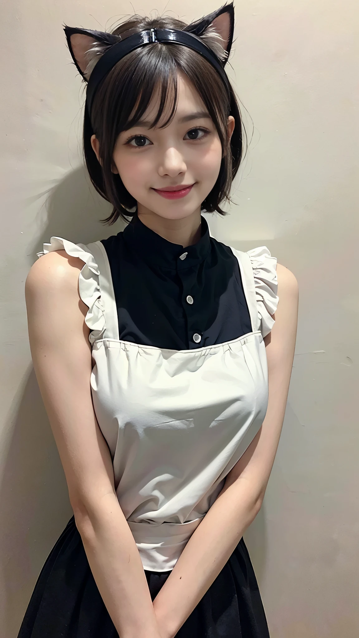 ((highest quality、Masterpiece、High resolution))、(((Zoom photo of upper body)))、(A shy smile:1.2)、One woman、Beautiful Skin、Beautiful Eyes、Big Breasts、Cat ears headband、Black maid outfit、Black Hair、Trimmed bangs、short hair