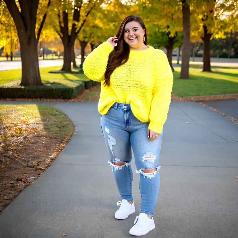 cute fat white girl with thick thighs wearing a orangish-yellow knitted sweater that has shoulder straps, tight ripped blue jeans, and grey sneakers, with long redish brown hair smiling and posing