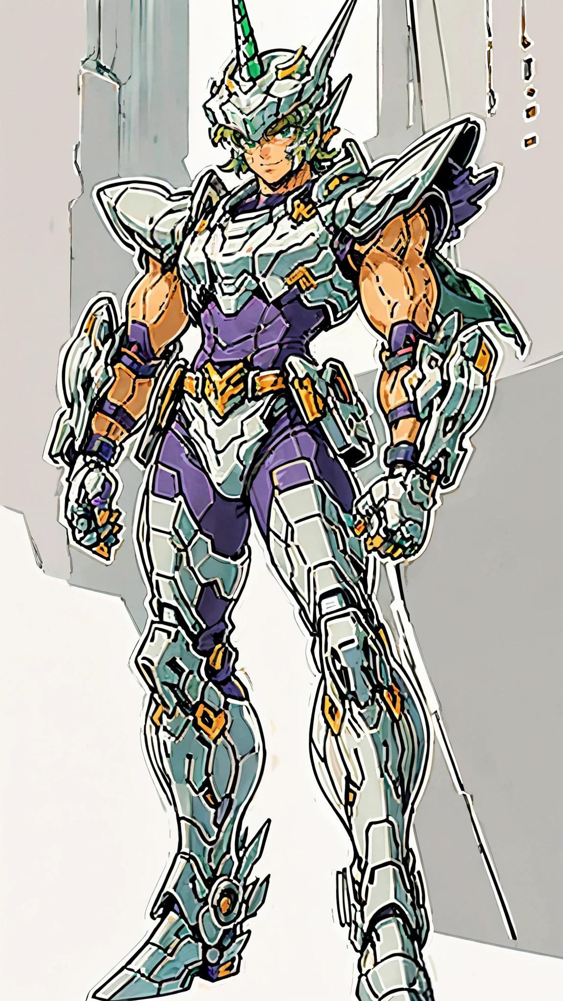 A man wearing a full-face helmet, a fantasy-style biotech armored combat suit, green eyes, (a composite layered chest armor), fully enclosed shoulder guards, matching arm and leg guards, the belt is adorned with Horseshoe-shaped marker, (the color scheme is primarily white with green accents), the design balances heavy with agility, a high-tech bio-mecha armor, (Armor Concept Inspired by Unicorn, stand on the top of a skyscraper in a futuristic sci-fi city), this character embodies a finely crafted fantasy-surreal style armored hero in anime style, exquisite and mature manga art style, (battle damage, element, plasma, energy, the armor glows), ((male:1.5)), metallic, real texture material, dramatic, high definition, best quality, highres, ultra-detailed, ultra-fine painting, extremely delicate, professional, perfect body proportions, golden ratio, anatomically correct, symmetrical face, extremely detailed eyes and face, high quality eyes, creativity, RAW photo, UHD, 32k, Natural light, cinematic lighting, masterpiece-anatomy-perfect, masterpiece:1.5