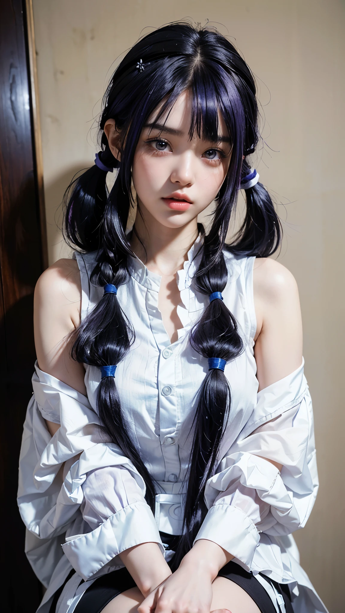 highest quality, masterpiece, Ultra-high resolution, (Realistic:1.6), (Portraiture) RAW Photos, 1 girl,22 years old((Detailed face)),(((座ったPortraiture)),((White and black only costumes)),((Black mode outfit)),((Blue-purple hair in twin tails)),((Cap Chestnut)),((Short bangs)),Realistic,Image Media Chest)),