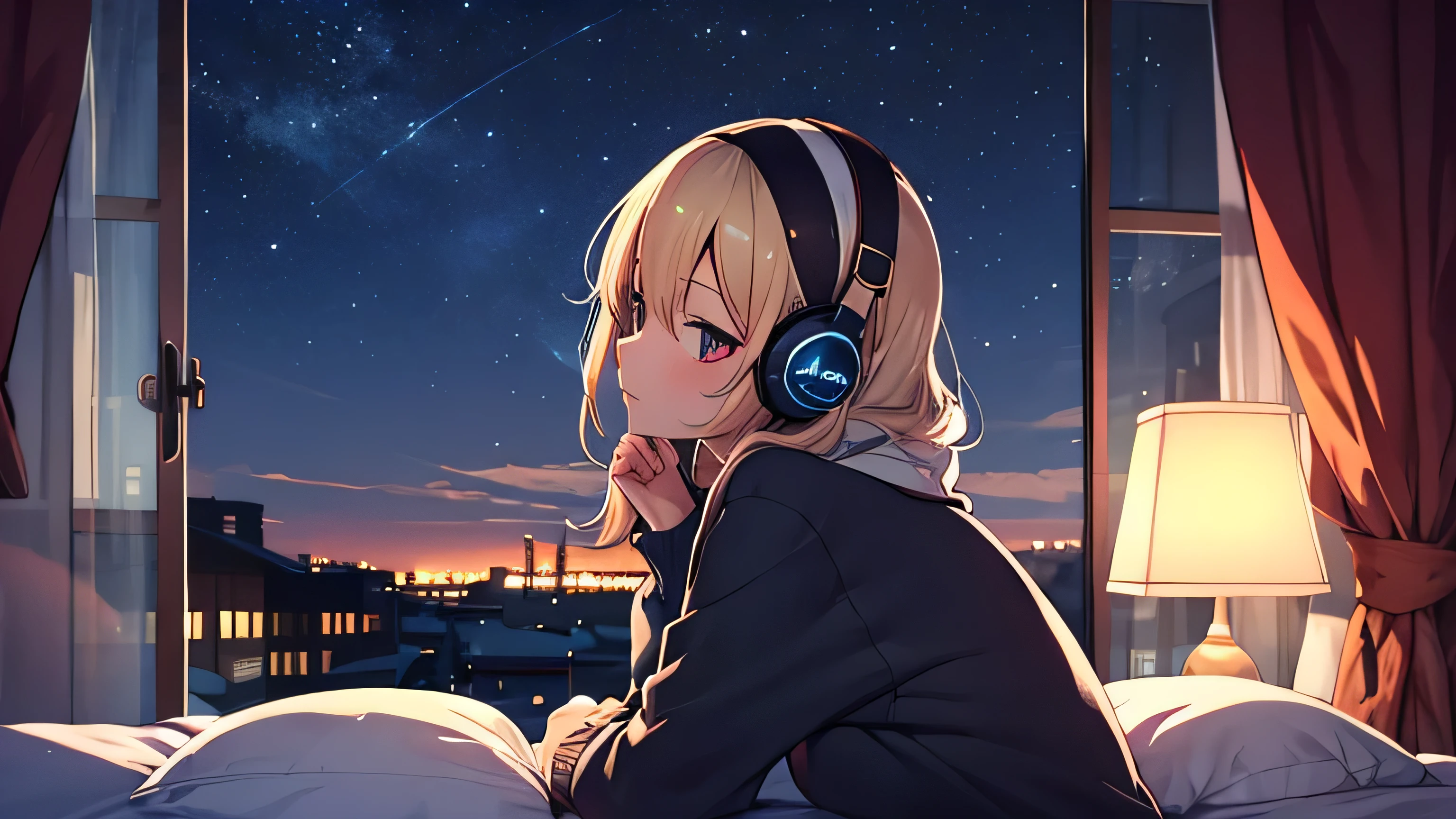 Detailed anime girls, Wearing a large sweater, Wearing headband headphones, praise, quiet, Quiet atmosphere, cold, Looking out the window in the bedroom, night, quiet night, masterpiece, highest quality, study