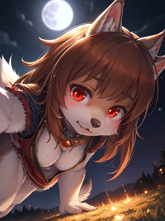 spice and wolf style , Unrealistic Perspective , dynamic angle , rule of thirds Layout , Bokeh  , dynamic fashion model action , hairy wolf girl , realistic hairy fur , round face , moist round red eyes , Swollen cheeks , white skin , white fur , (midnight , blue moon light)