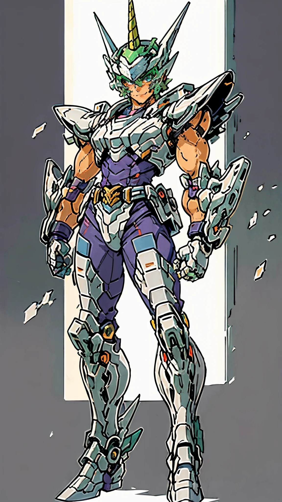 A man wearing a full-face helmet, a fantasy-style biotech armored combat suit, green eyes, (a composite layered chest armor), fully enclosed shoulder guards, matching arm and leg guards, the belt is adorned with Horseshoe-shaped marker, (the color scheme is primarily white with green accents), the design balances heavy with agility, a high-tech bio-mecha armor, (Armor Concept Inspired by Unicorn, stand on the top of a skyscraper in a futuristic sci-fi city), this character embodies a finely crafted fantasy-surreal style armored hero in anime style, exquisite and mature manga art style, (battle damage, element, plasma, energy, the armor glows), ((male:1.5)), metallic, real texture material, dramatic, high definition, best quality, highres, ultra-detailed, ultra-fine painting, extremely delicate, professional, perfect body proportions, golden ratio, anatomically correct, symmetrical face, extremely detailed eyes and face, high quality eyes, creativity, RAW photo, UHD, 32k, Natural light, cinematic lighting, masterpiece-anatomy-perfect, masterpiece:1.5