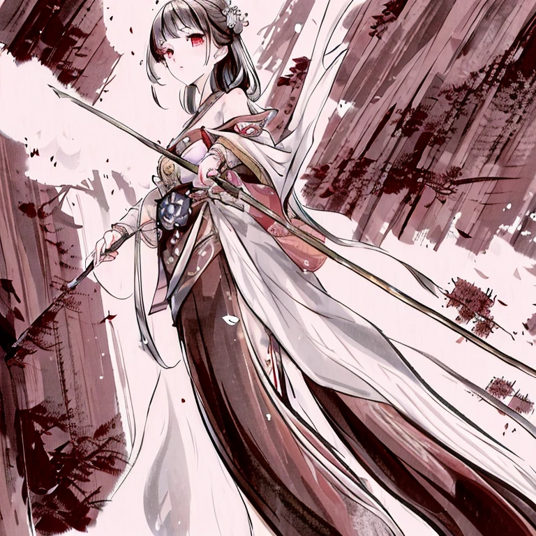 (best quality), Wulin Beauty,Beautiful handsome face,Beautiful girl in period costume,Holding a spear,The movements are elegant,Chinese ink painting style,tall and straight,courtesy,4k,Ancient hair style
