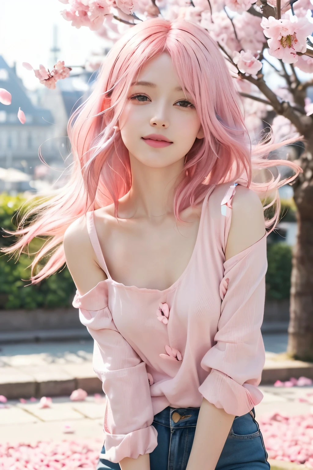 (8K, top-quality, masterpiece:1.2), (realistic, photorealistic:1.37), (super detailed:1.2), (one girl:1.5), (beautifully detailed eyes:1.2), (highest quality:1.2), (detailed face:1.2), (20yr old:1.2), (pink hair, long hair:1.2), (medium breasts:1.2), (Paris fashion week style, modest skin exposure, spring theme:1.5), (upper body to knees composition:1.2), (relaxed natural atmosphere:1.2), (wind-swept pink long hair:1.3), (gentle smile:1.2), (natural standing pose:1.2), (sakura petals background:1.2), (soft morning light:1.2), (pink hair:1.5)