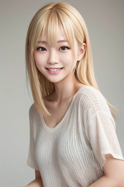 A cute Japanese woman with blonde hair and a bright smile, age 20. She is cheerful, friendly, and wearing modern casual clothing. The background is simple and light, emphasizing her features,best quality, hires,