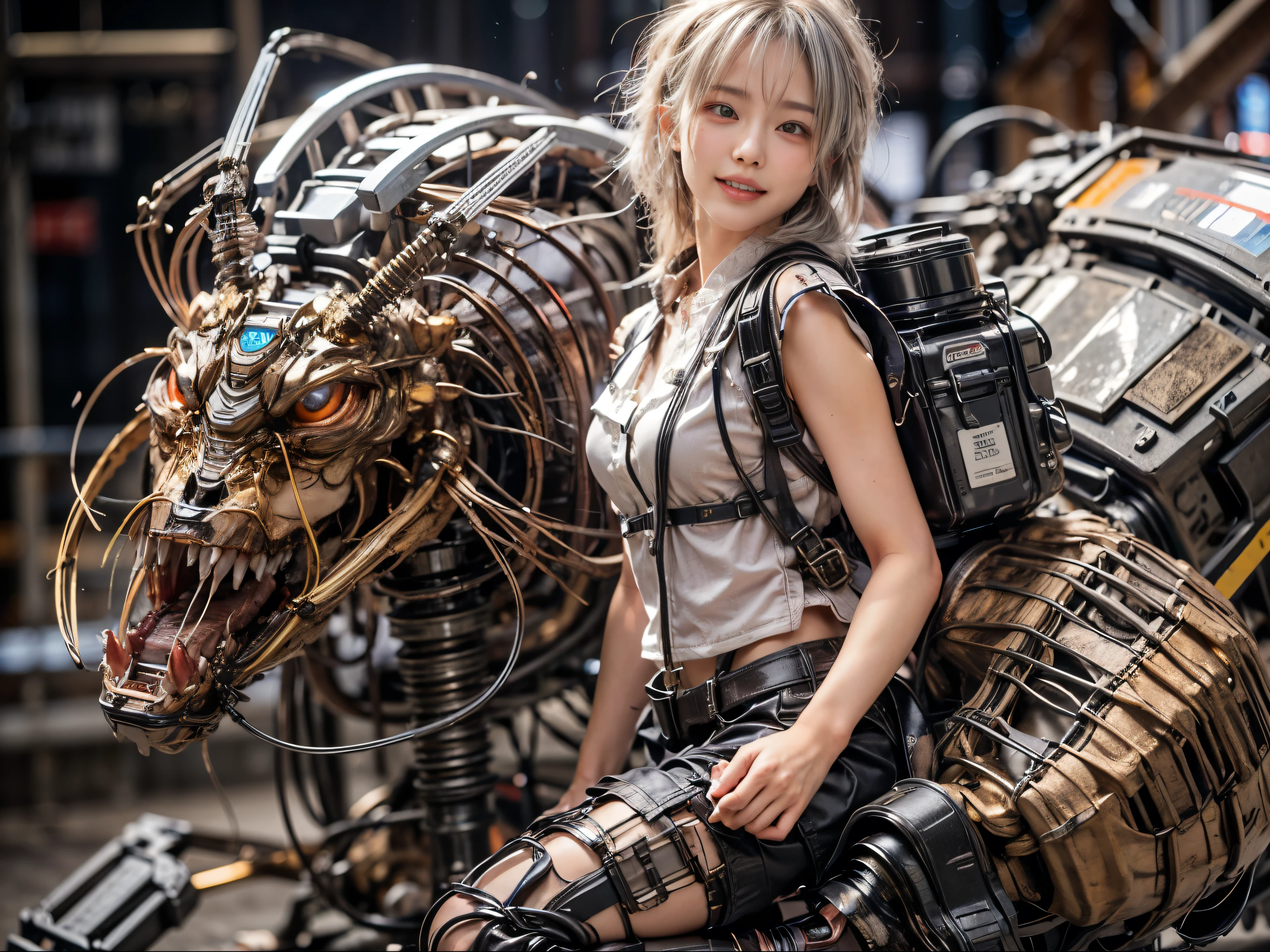 Japanese woman, heavy equipment, Mechanical backpack, very beautiful face, double teeth, fangs, reinforced exoskeleton with insect references, canine teeth, smiling face, silver hair, full body shot, photorealistic, realistic, ultra realistic, ultra detailed, ultimate intricate detail, lighting highlighting machinery, glossy, cave with a suspicious atmosphere