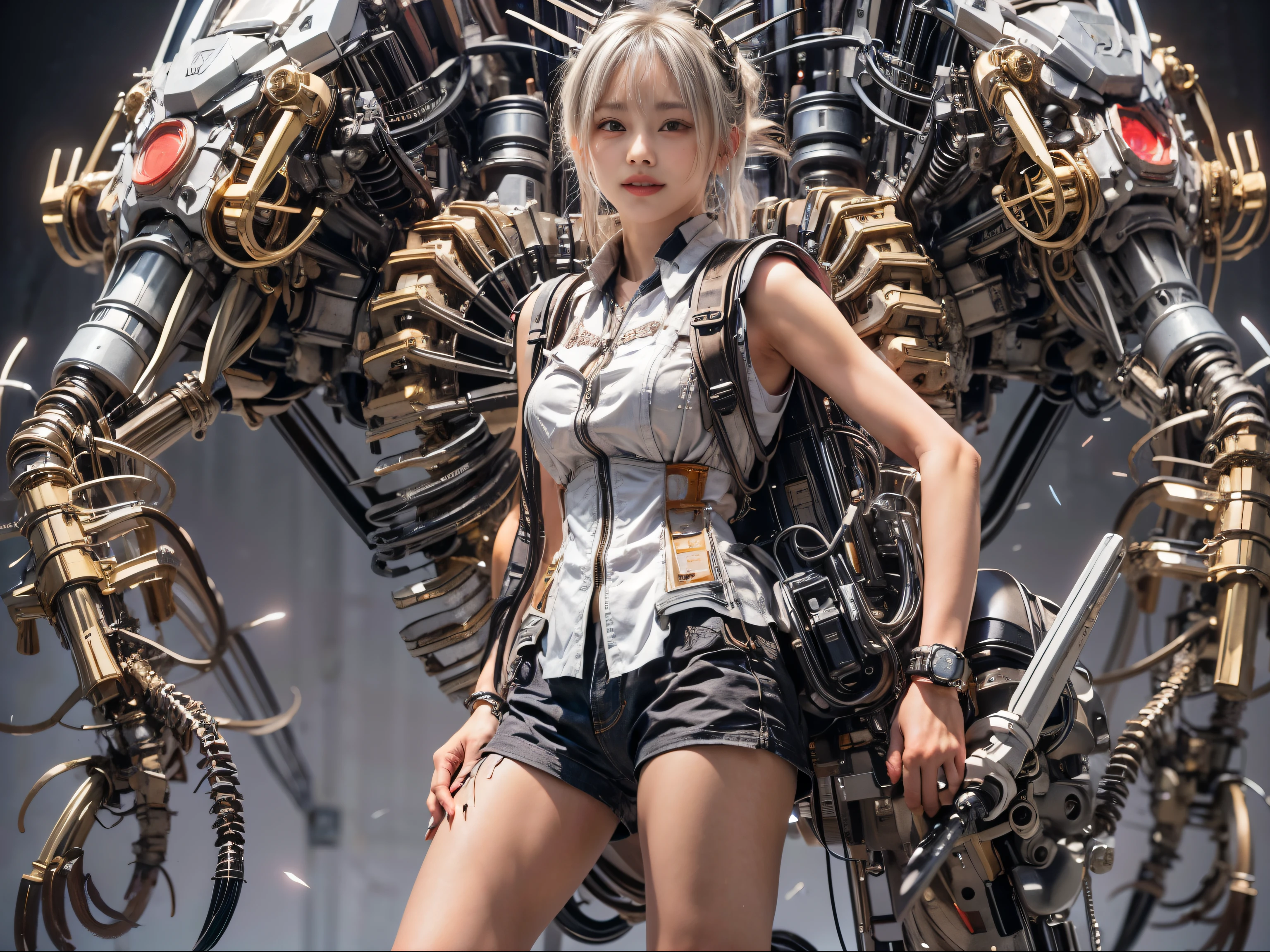 Japanese woman, heavy equipment, Mechanical backpack, very beautiful face, double teeth, fangs, reinforced exoskeleton with insect references, canine teeth, smiling face, silver hair, full body shot, photorealistic, realistic, ultra realistic, ultra detailed, ultimate intricate detail, lighting highlighting machinery, glossy, cave with a suspicious atmosphere
