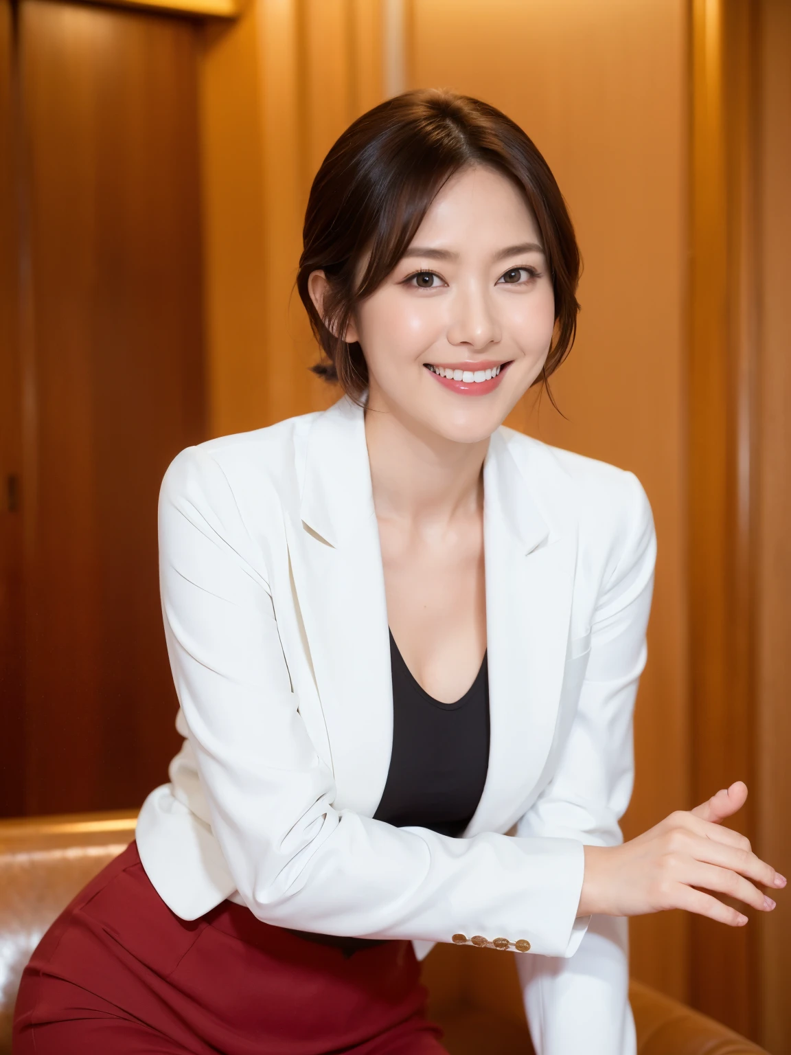 最high quality, In 8K, Masseter region, Vibrant, Sharp focus, high quality, High resolution, Detailed face, fine grain, (Looking at the audience), alone, Beautiful woman, 38 years old, (standard body type)、(D cup breasts)、(Short black hair:1.5), Cleavage、(State-of-the-art five-star hotel lobby:1.6)、 (Sitting on a large sofa:1.6)、(White business jacket:1.6)、(red pencil skirt:1.5)、(Black pumps)、pantyhose、(smile:1.5)、(Short black hair:1.3)