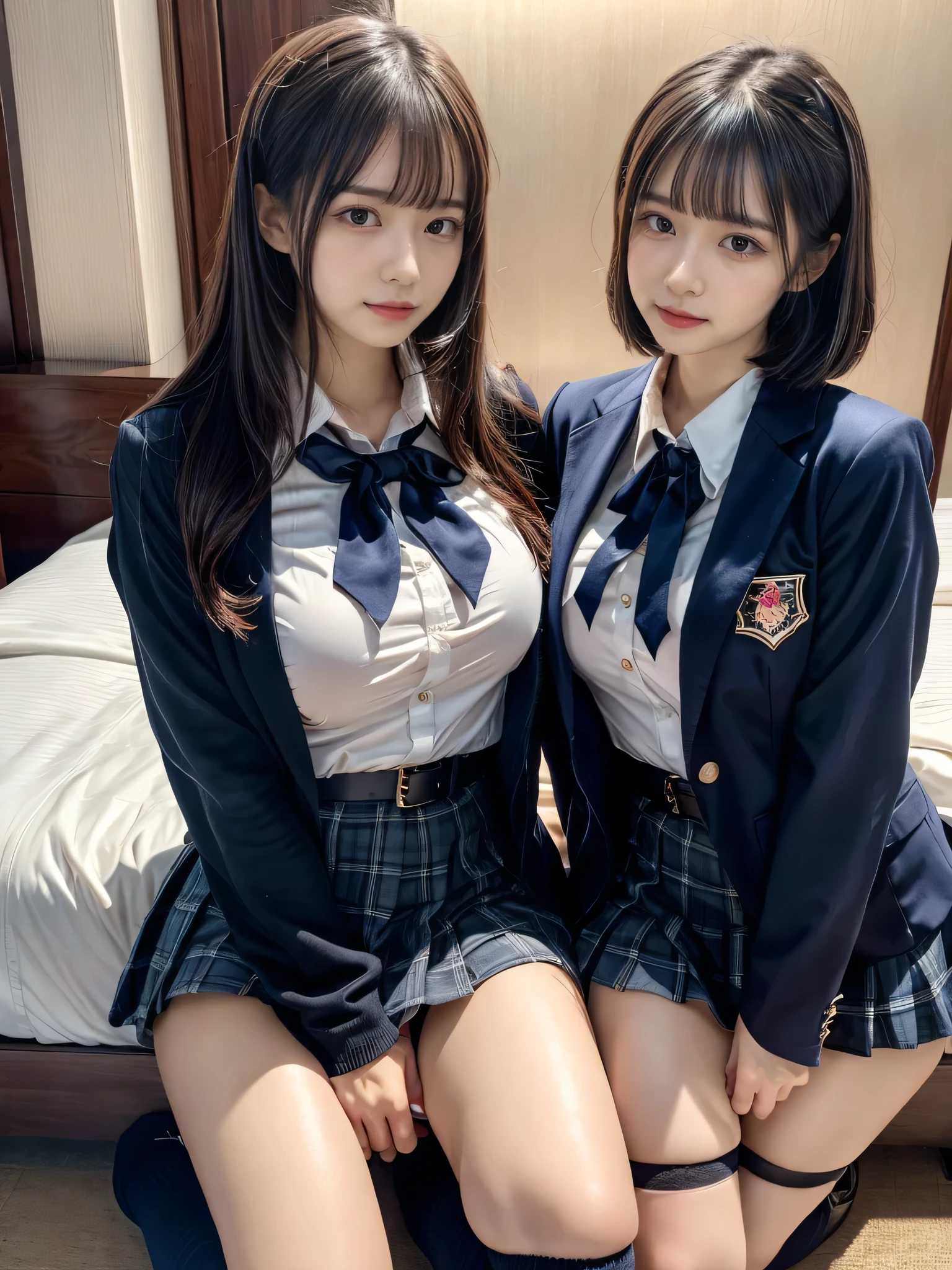 (8K, Raw photography, top-quality, masterpiece:1.2), muster piece, best quality, illustration, Super detailed, fine details, High resolution, 8K,wall paper, perfect dynamic composition,(Details High quality, realistic depiction of eyes:1.3), ((2 girls, 2 girls)), The background is a luxury hotel room、High school girl uniform、blazer 、Super Short Check Uniform Skirt、Navy blue high socks、garterbelts、Colossal tits、Disturbed uniform, Play with each other,Touching each other's bodies,Touching the body of the girl next door, short bob hair, black hair color, huge breasts, Big Natural Color Lip, bold sexy pose, (perfect body shape), crying a little、cold gaze, Harajuku style、Beautiful makeup,glitter makeup,Cutest 18 years old、 beautiful legs, hposing Gravure Idol, Voluptuous thighs