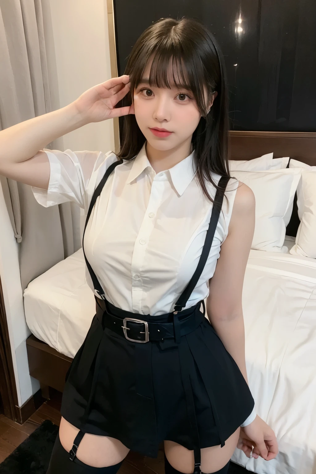 suspenders Large swollen breasts Black mini skirt garter belt Knee-high socks bangs Beauty Hands up Black boots one person Dress shirt Hands Behind Back put your hands behind your back With your hands behind your back Armament holster A room at the Belt Hotel Bed Wall side Armpit sweat Panty shot