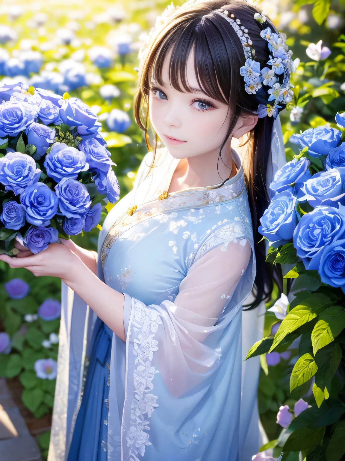 masterpiece,highest quality,Highest Resolution,Detailed、In the fragrant garden,A blind woman stands with her arms outstretched in front of her、While gently touching the petals of the flowers I met,A connection with nature and lovely blue flowers,The gesture of smelling a flower,Mystical moments.