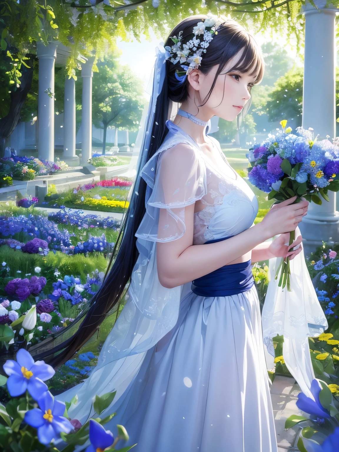 masterpiece,highest quality,Highest Resolution,Detailed、In the fragrant garden,A blind woman stands with her arms outstretched in front of her、While gently touching the petals of the flowers I met,A connection with nature and lovely blue flowers,The gesture of smelling a flower,Mystical moments.