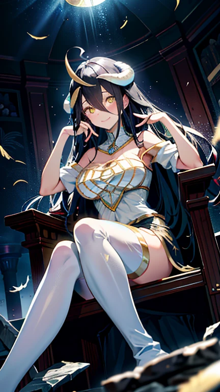 ((highest quality)), ((masterpiece)),(detailed),High resolution,Sharp focus,Perfect Face,One girl,
(非常にdetailed CG unity 8k wallpaper),(((Vibrant colors))),
Albedo, Black Hair,Ahoge, White Devil's Horn,Glowing yellow eyes, Long and narrow pupils Big breasts,glamorous_expensive_Tight waist_Long legs,curve,
Black wings,(Low Wing:1.1),  Wings with feathers,
(Flying debris, 超High resolution),(((White and gold theme))),Wear an iridescent aura,
Invisible Light, Amazing shine, neon blue glow, The colors of another world,
Bright colors, Ghostly Effects,Surreal Landscape,
erotic,Bold,露出度のexpensive服装,show 肌,White Dress, Hip vents, White gloves, Exposing shoulders, Detachable collar, Cleavage, Wicked Smile,Drunk look,
Arrogant look, from below,Leaning on the throne,Put your hand on your cheek,
Great Underground Tomb of Nazarick,Western-style castle,indoor,Throne Room,Stone pillars,A huge, highly decorated throne,Cinematic,dark, Grainy,Fantasy,night,Spotlight,