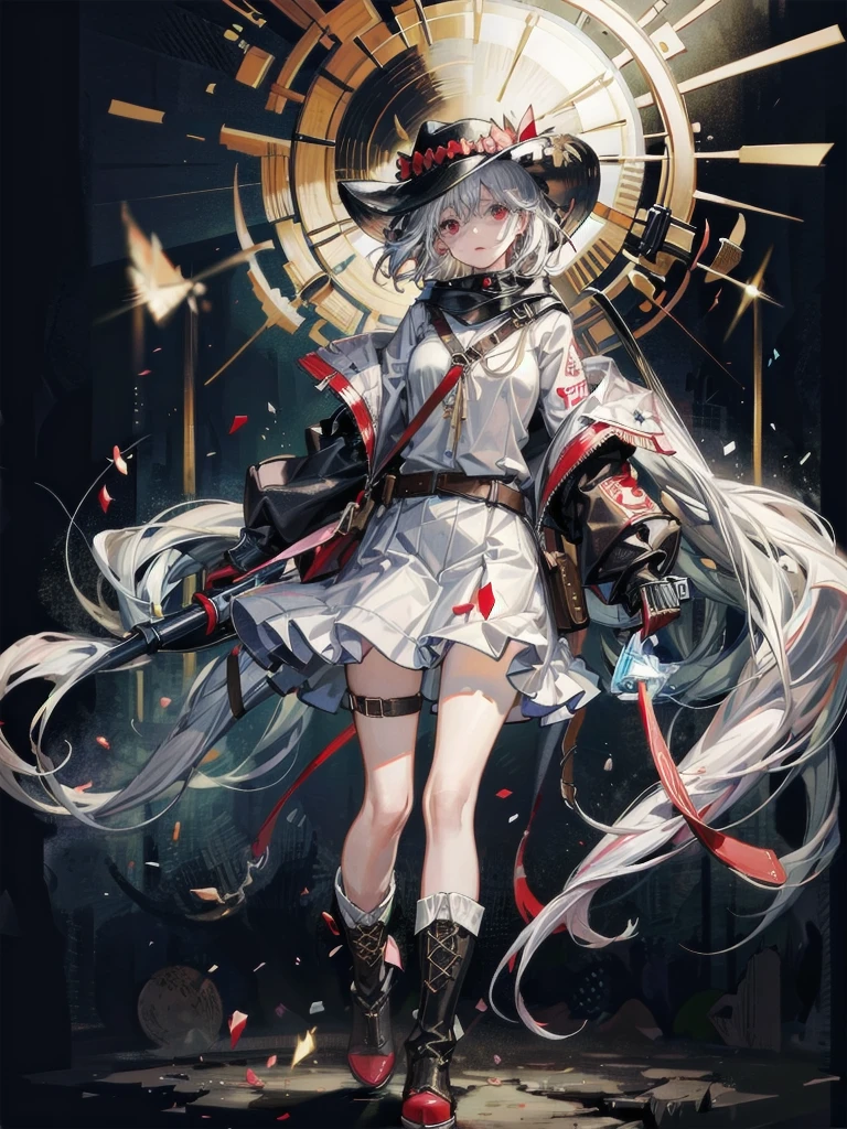 cool cowgirl, cowboy hat, blouse, decorated hooded armor jacket, cross belt, mini skirt, Red leather long boots, absurdres, RAW photo, extremely delicate and beautiful, masterpiece, Best Quality, ultra high resolution, 32k, hyperrealistic, ultra-detailed, detailed description, pale skin, 20 years old, tearful mole, earring, short medium hair, wavy hair, whole body shot,