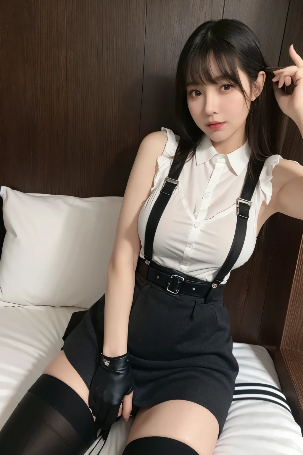 suspenders　　　Large swollen breasts　　 　 　　　　Black mini skirt　garter belt　Knee-high socks　　　　　　　bangs 　　　　　Beauty　　Hands up　　 　　Black boots 　　　　one person 　　　Dress shirt　　　Hands Behind Back　put your hands behind your back　　With your hands behind your back　Armament　holster　　A room at the Belt Hotel　Bed　Wall side 　Armpit sweat　Panty shot
