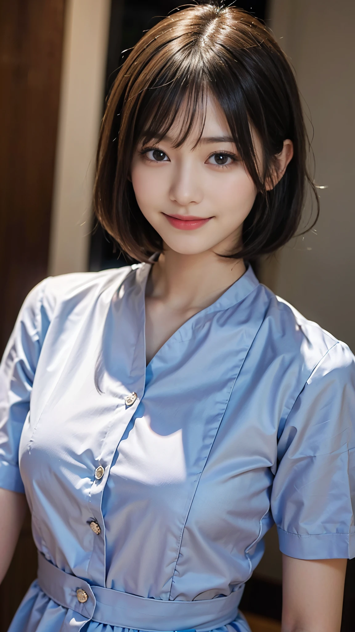 ((highest quality、Masterpiece、High resolution))、(((Zoom photo of upper body)))、(A shy smile:1.2)、One woman、Beautiful Skin、Beautiful Eyes、Big Breasts、Nurse uniform、Black Hair、Trimmed bangs、short hair